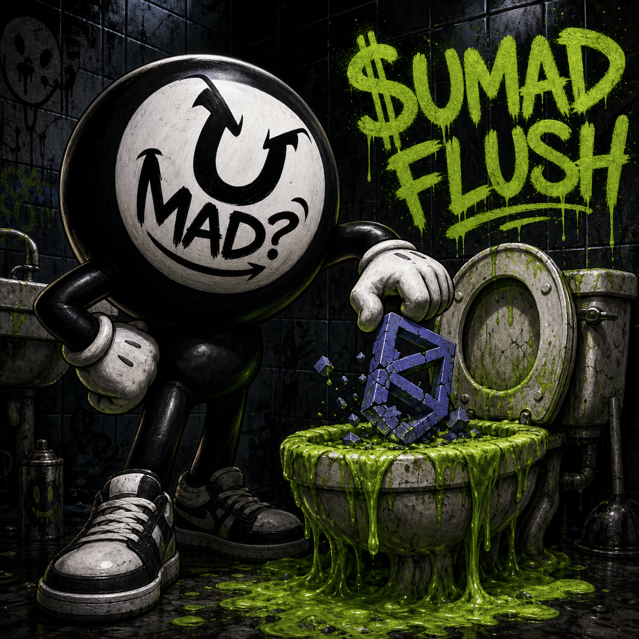 $UMAD mascot flushing the Polymarket logo down a toilet