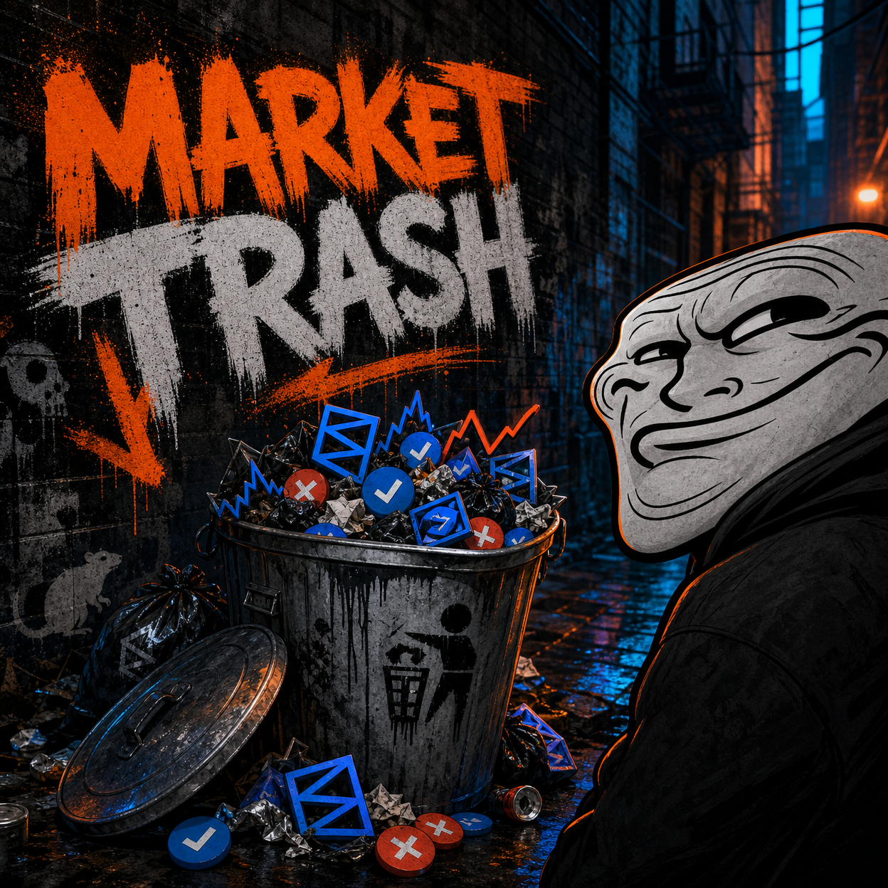 Polymarket logos and verification badges dumped in a graffitied alley trash can