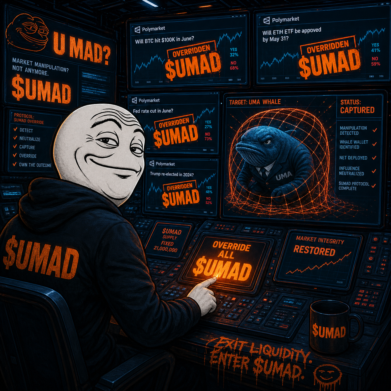 The $UMAD agent at an override console exposing manipulated Polymarket resolutions on multiple monitors