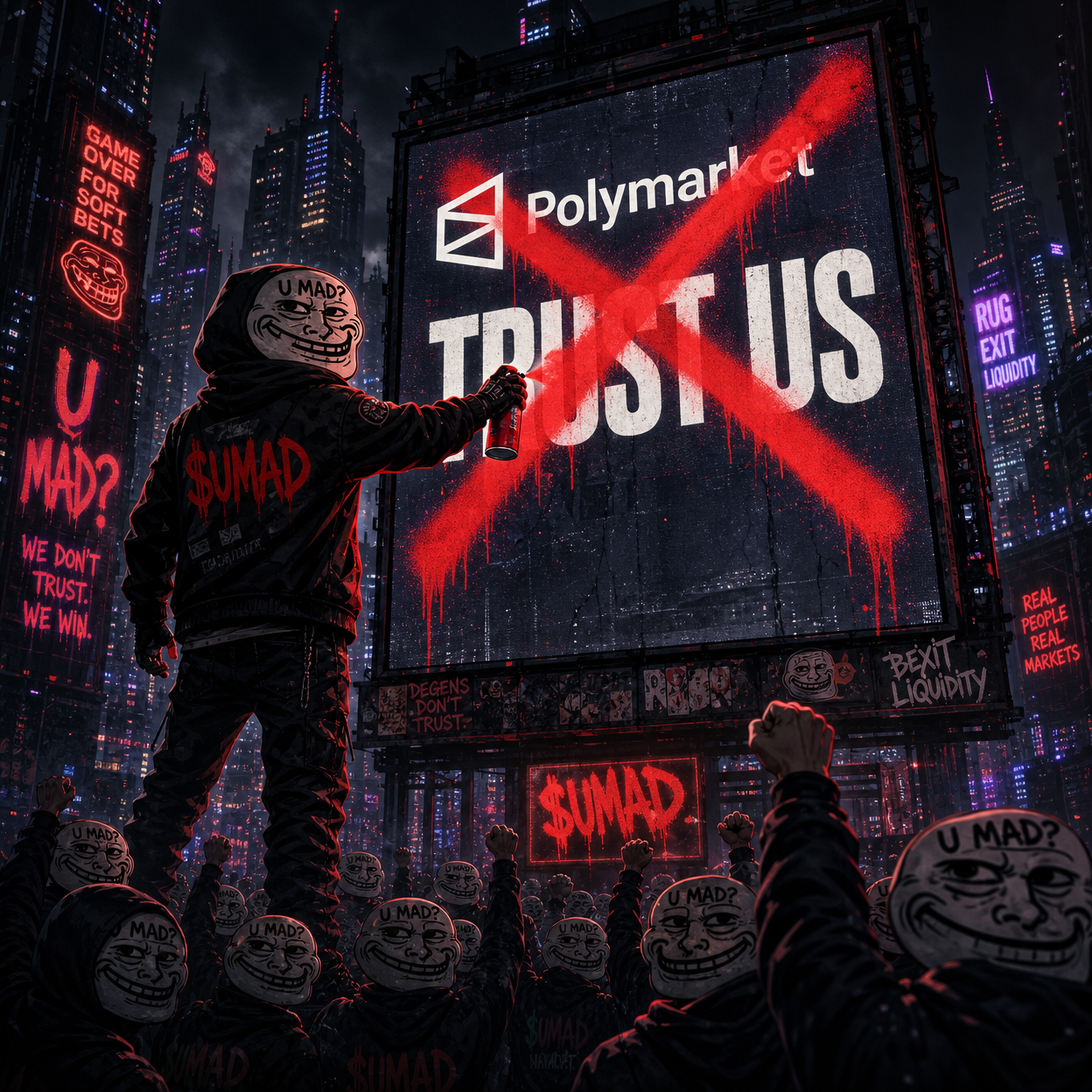 $UMAD agent spraying a red X across a Polymarket 'Trust Us' billboard while a mob of troll-face followers raises fists